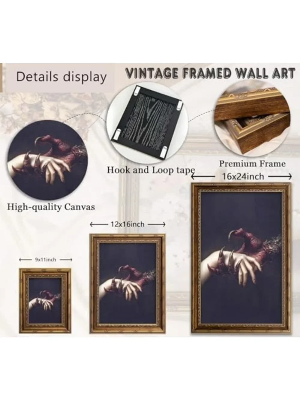 Gothic Vintage Gold Framed Wall Art, Dark Academia Canvas Print, Spooky Decor
